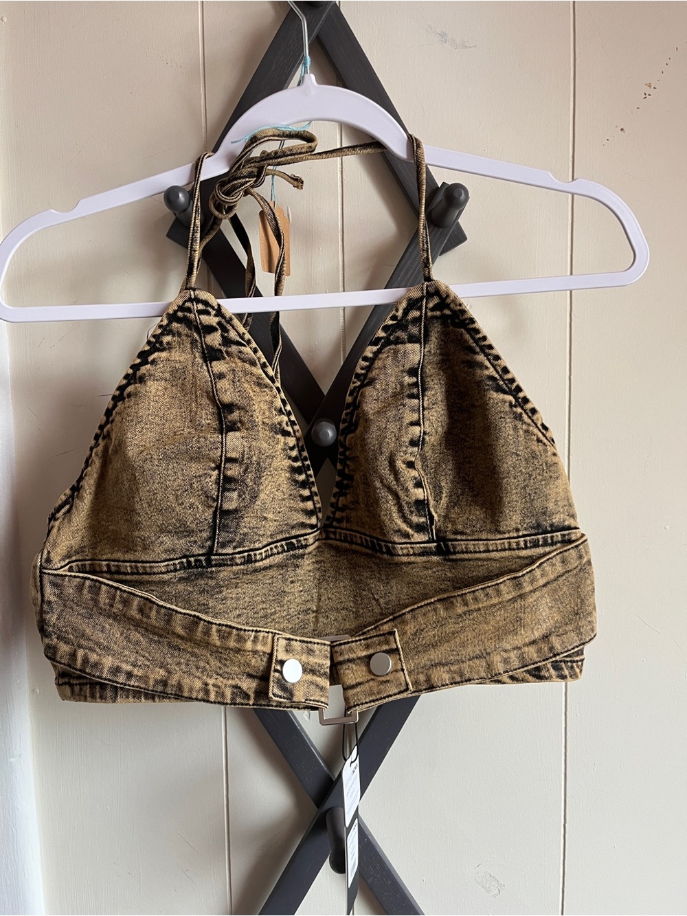 Acid Wash Fashion Nova Denim Halter Bralette in Brown/Black